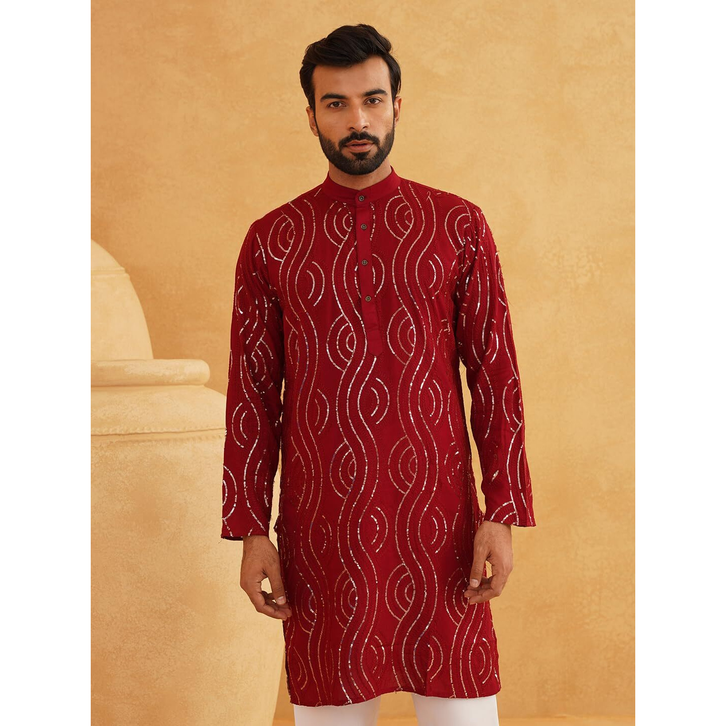 Sojanya (Since 1958 Men's Embroidered Sequinned Cotton Maroon Long Kurta