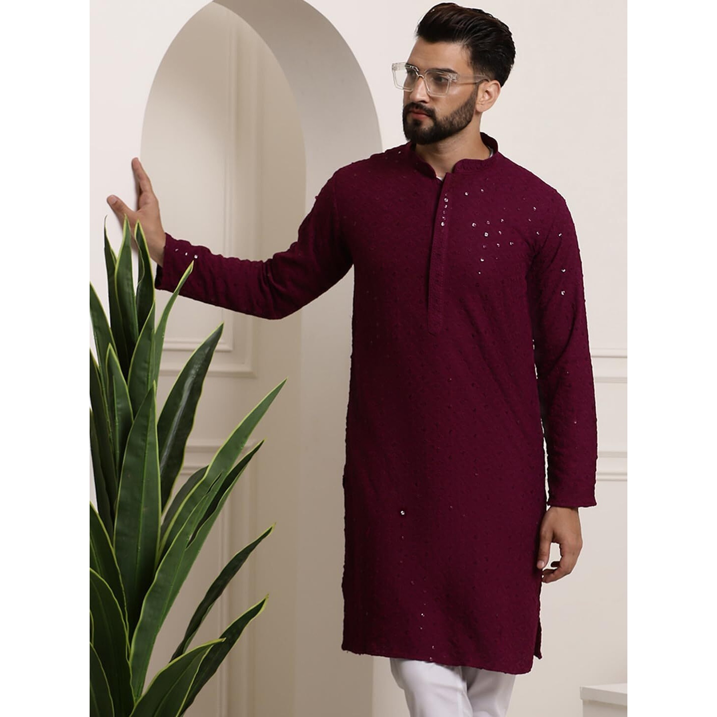 Sojanya (Since 1958 Men's Pure Cotton Purple Sequence Only Long Kurta