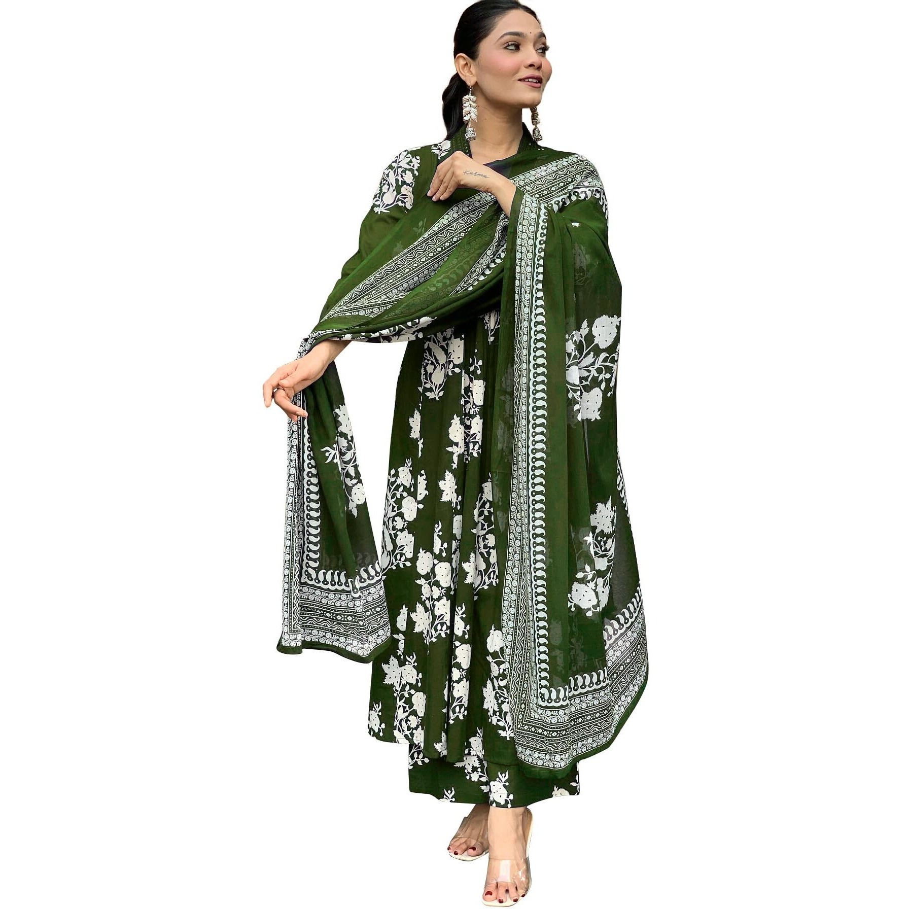 Toochki Women's Rayon Blend Anarkali Printed Kurta With Palazzo And Dupatta Olive Green
