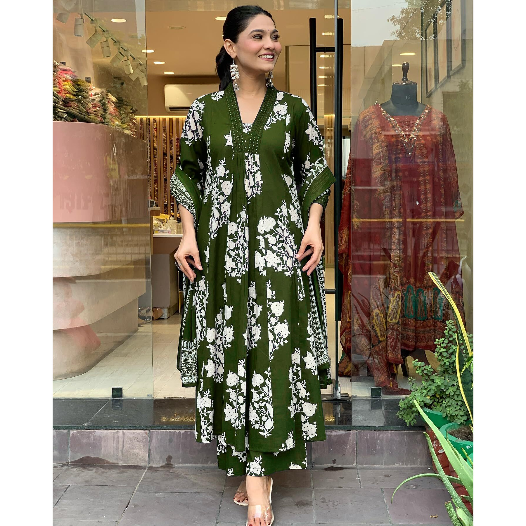 Toochki Women's Rayon Blend Anarkali Printed Kurta With Palazzo And Dupatta Olive Green