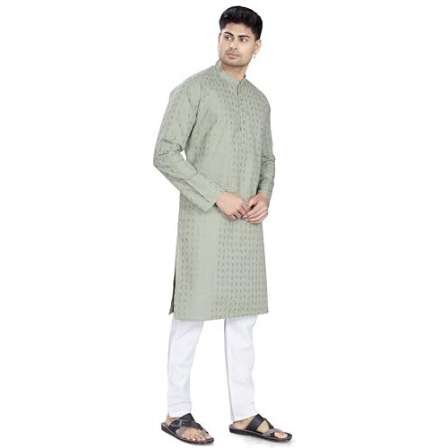 Divisive Men's Thread Embroidered Cotton Only Slim Fit Kurta (Dkrt1092_L_Olive)