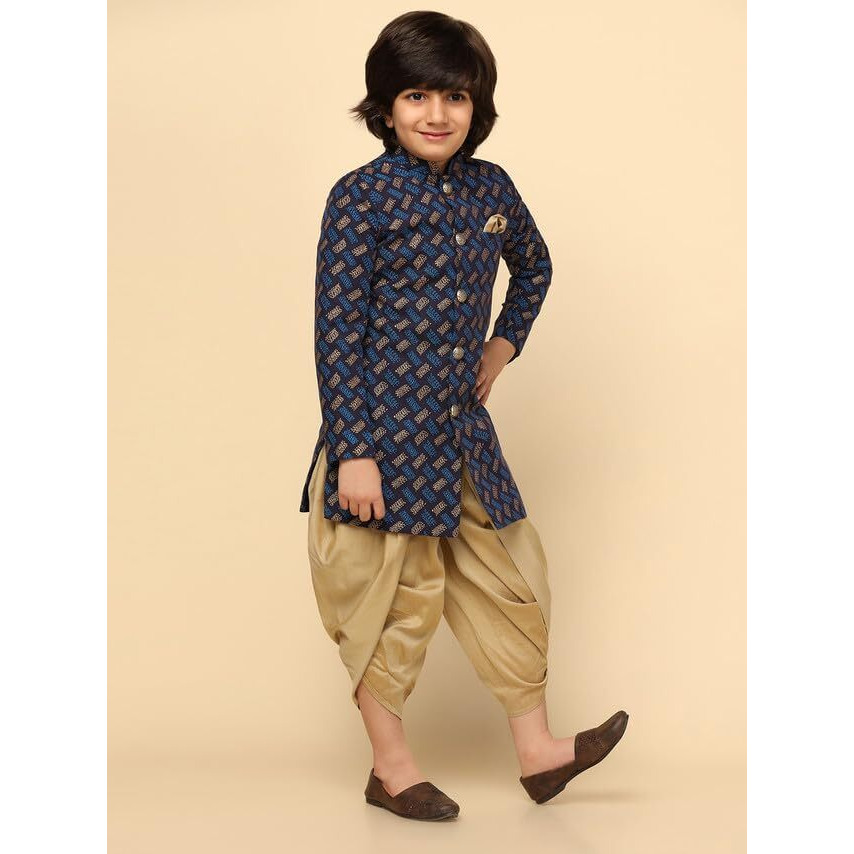 Kisah Kids Sherwani Indo-Western Cotton Blend Printed Sherwani For Kids, Blue, 11-12 Years