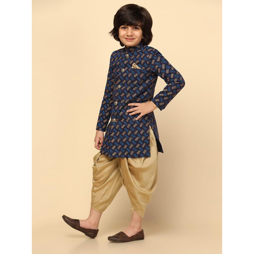Kisah Kids Sherwani Indo-Western Cotton Blend Printed Sherwani For Kids, Blue, 11-12 Years