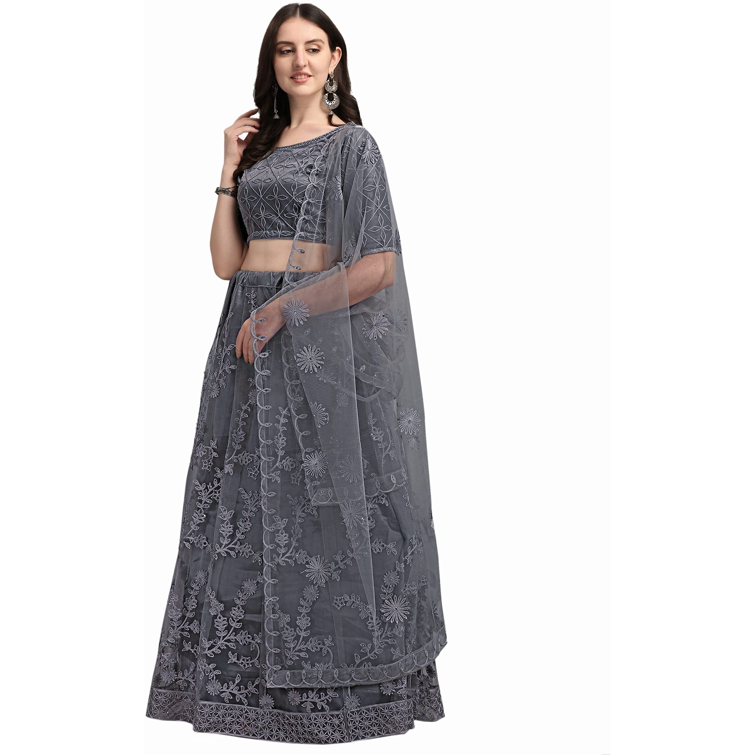 Patlani Jesani Chain Embroderied With Stone Work Woman S Flered Semi Stitched Lehenga Choli Dark Grey..
