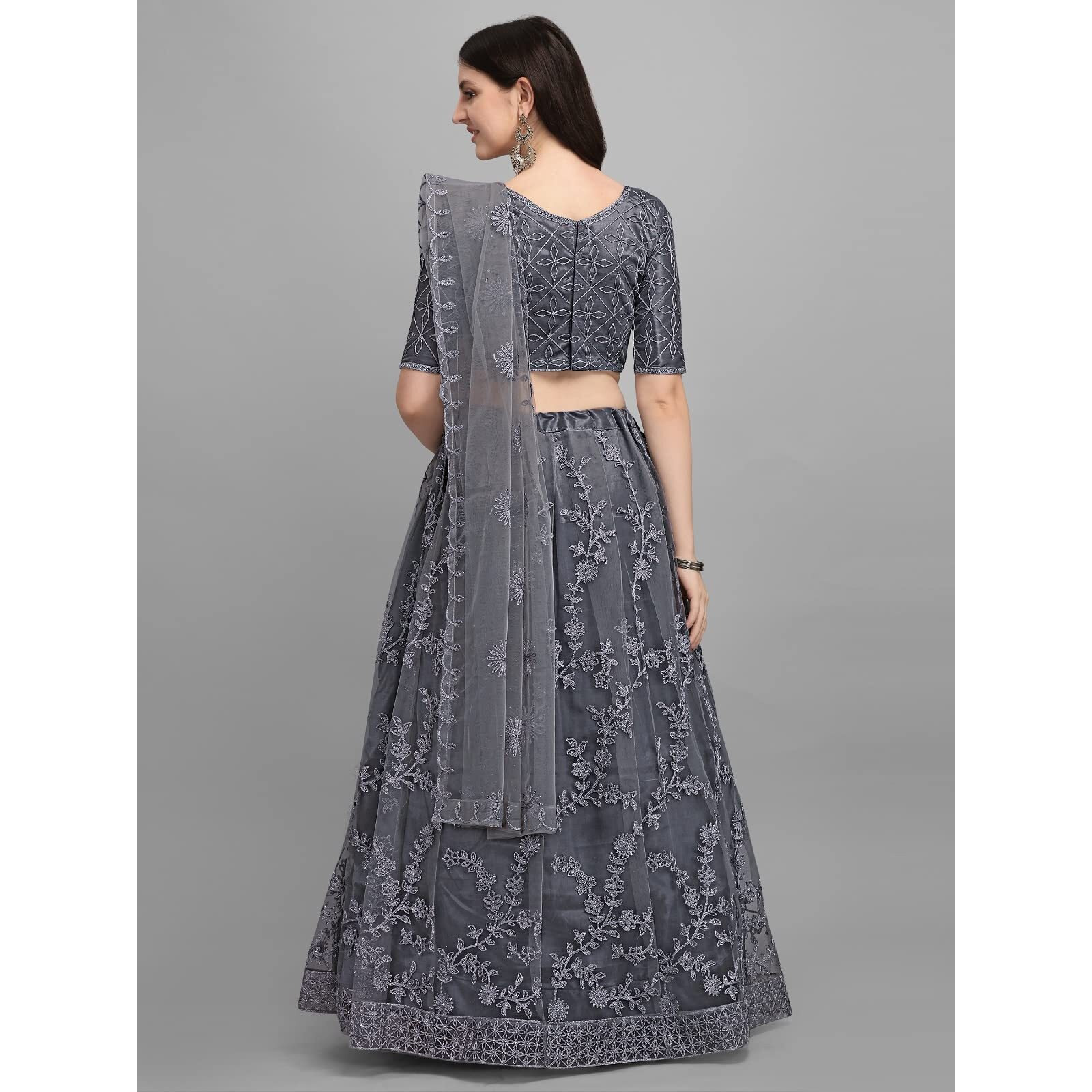 Patlani Jesani Chain Embroderied With Stone Work Woman S Flered Semi Stitched Lehenga Choli Dark Grey..