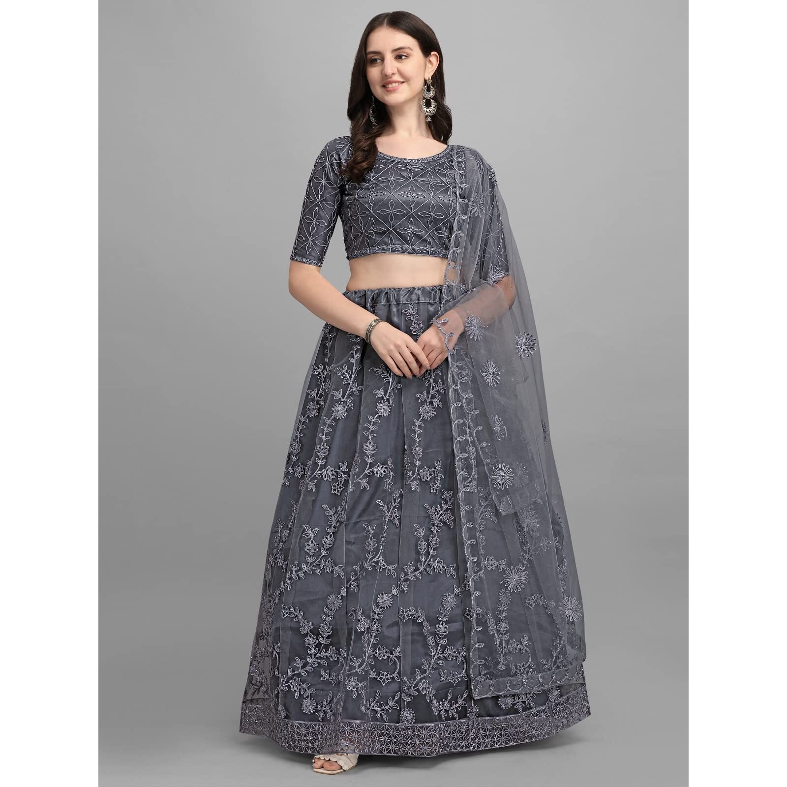 Patlani Jesani Chain Embroderied With Stone Work Woman S Flered Semi Stitched Lehenga Choli Dark Grey..