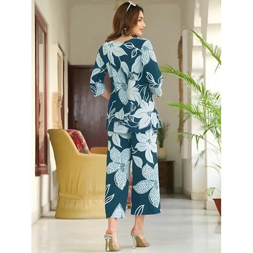 Pinkmint Women's Pure Cotton Co Ord Set L Printed Stylish Top & Bottom Set L Wide-Leg Pant Loungewear L Day-To-Night Comfort Wear Blue