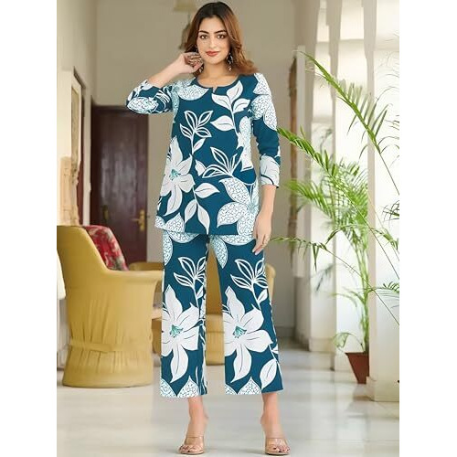 Pinkmint Women's Pure Cotton Co Ord Set L Printed Stylish Top & Bottom Set L Wide-Leg Pant Loungewear L Day-To-Night Comfort Wear Blue