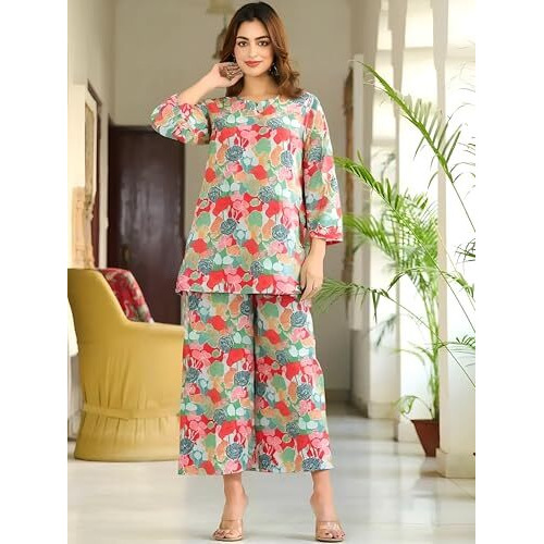 Pinkmint Women's Pure Cotton Co Ord Set L Printed Stylish Top & Bottom Set L Wide-Leg Pant Loungewear L Day-To-Night Comfort Wear Multicolour