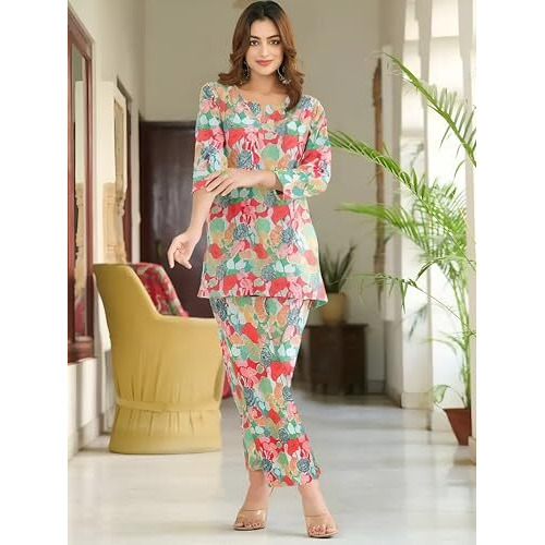 Pinkmint Women's Pure Cotton Co Ord Set L Printed Stylish Top & Bottom Set L Wide-Leg Pant Loungewear L Day-To-Night Comfort Wear Multicolour