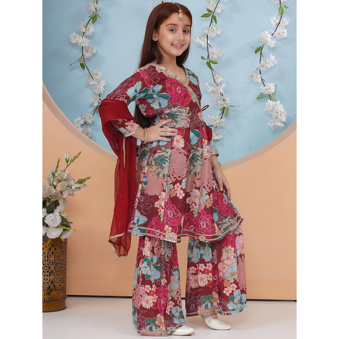 Preneum Girls's Cotton Rayon Printed Angrakha Kurta With Sharara & Dupatta, Maroon, 11-12 Years
