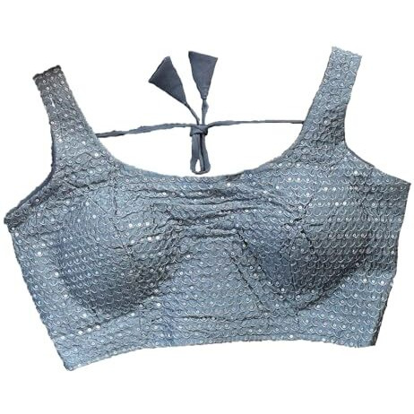 Pujia Mills Woman Designer Grey Color Phantom Silk Scoop Neck With Sleeveless With Jari Sequnace Work Blouse 36 Size