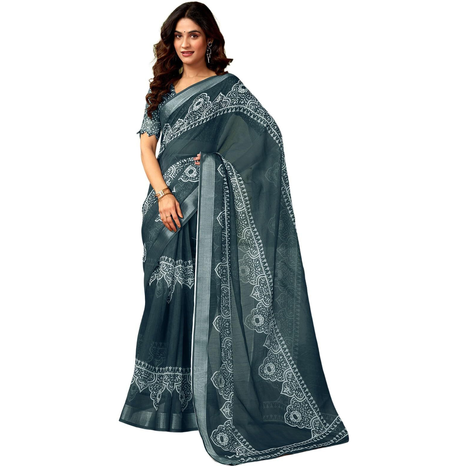 Satrani Women's Linen Zari Border Printed Ready To Wear One Minute Pre Pleated Readymade Saree With Unstitched Blouse Piece (33Rs315N_Dark Grey & White)
