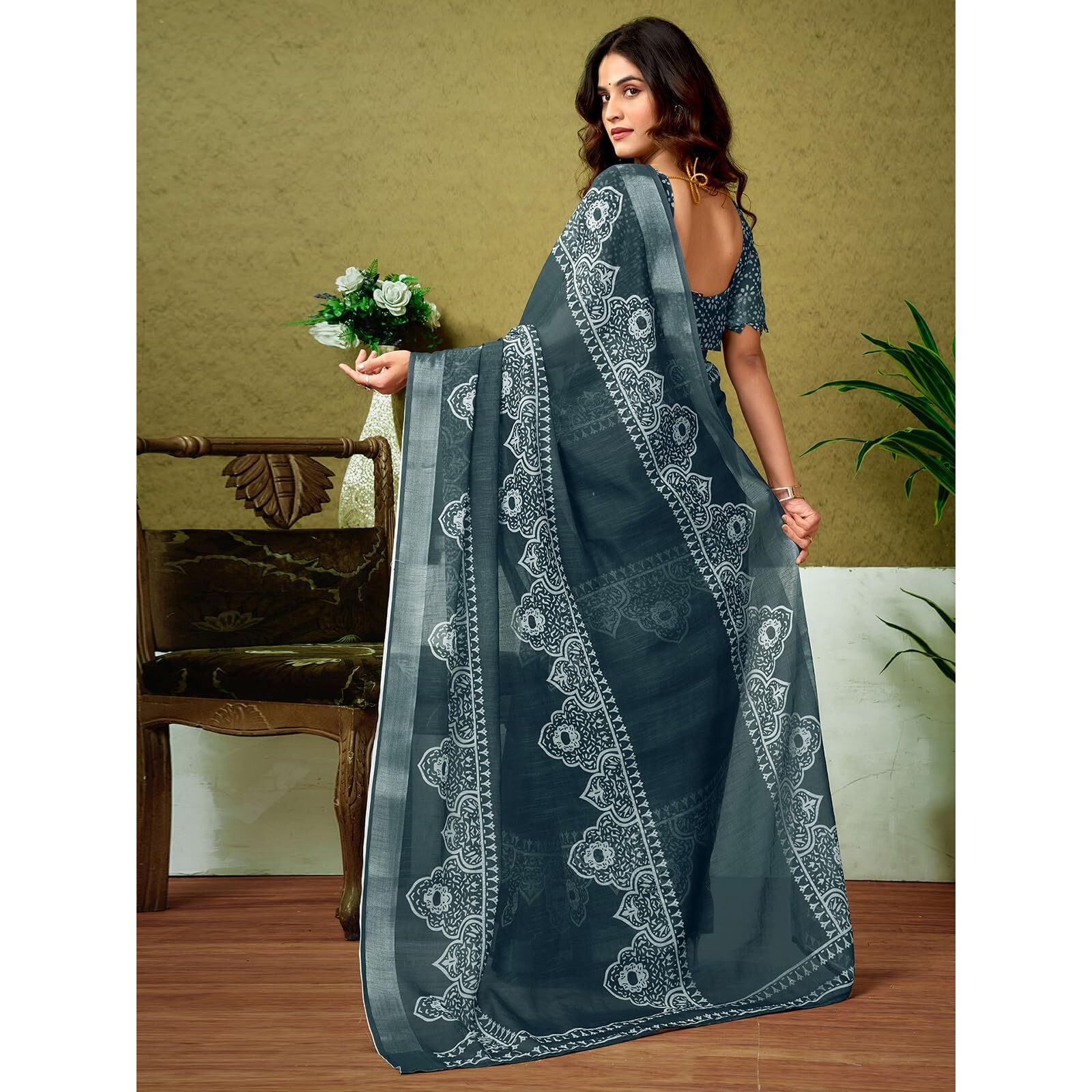 Satrani Women's Linen Zari Border Printed Ready To Wear One Minute Pre Pleated Readymade Saree With Unstitched Blouse Piece (33Rs315N_Dark Grey & White)