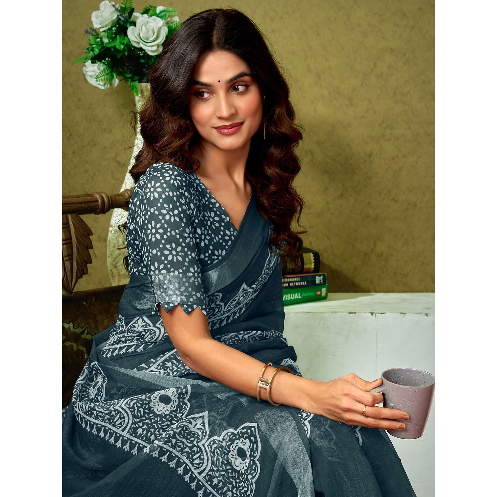 Satrani Women's Linen Zari Border Printed Ready To Wear One Minute Pre Pleated Readymade Saree With Unstitched Blouse Piece (33Rs315N_Dark Grey & White)