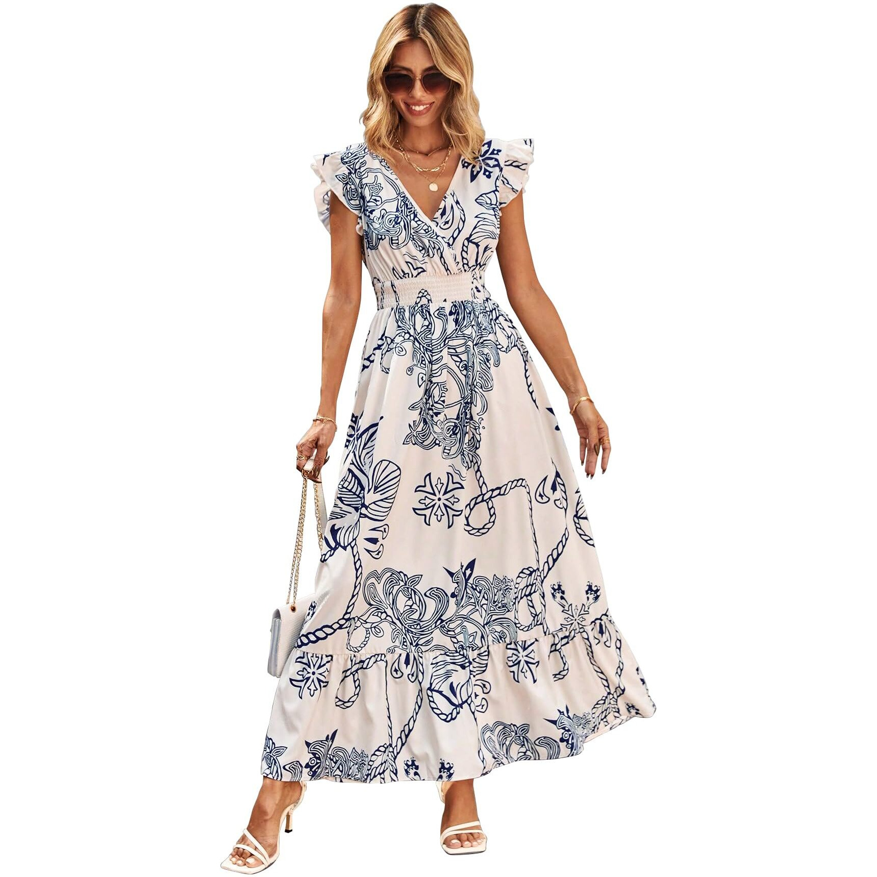 Shasmi Women's & Girl's White Blue V-Neck Printed Dress With Ruffled Hem And Belted Waist For Vacation, One Piece Maxi For Women's Casual Dresses (140 Dress White Blue-Xl)