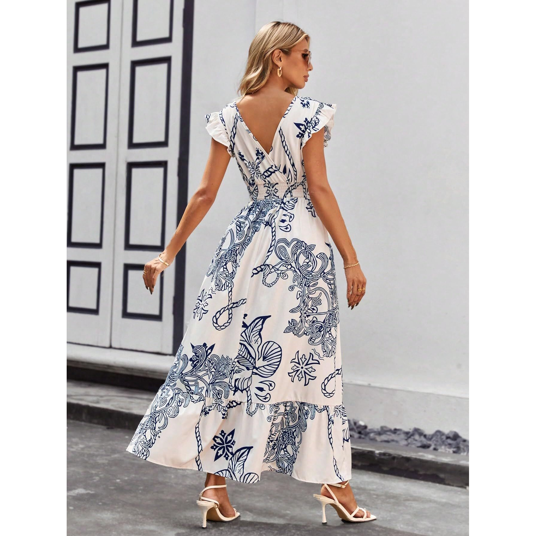 Shasmi Women's & Girl's White Blue V-Neck Printed Dress With Ruffled Hem And Belted Waist For Vacation, One Piece Maxi For Women's Casual Dresses (140 Dress White Blue-Xl)