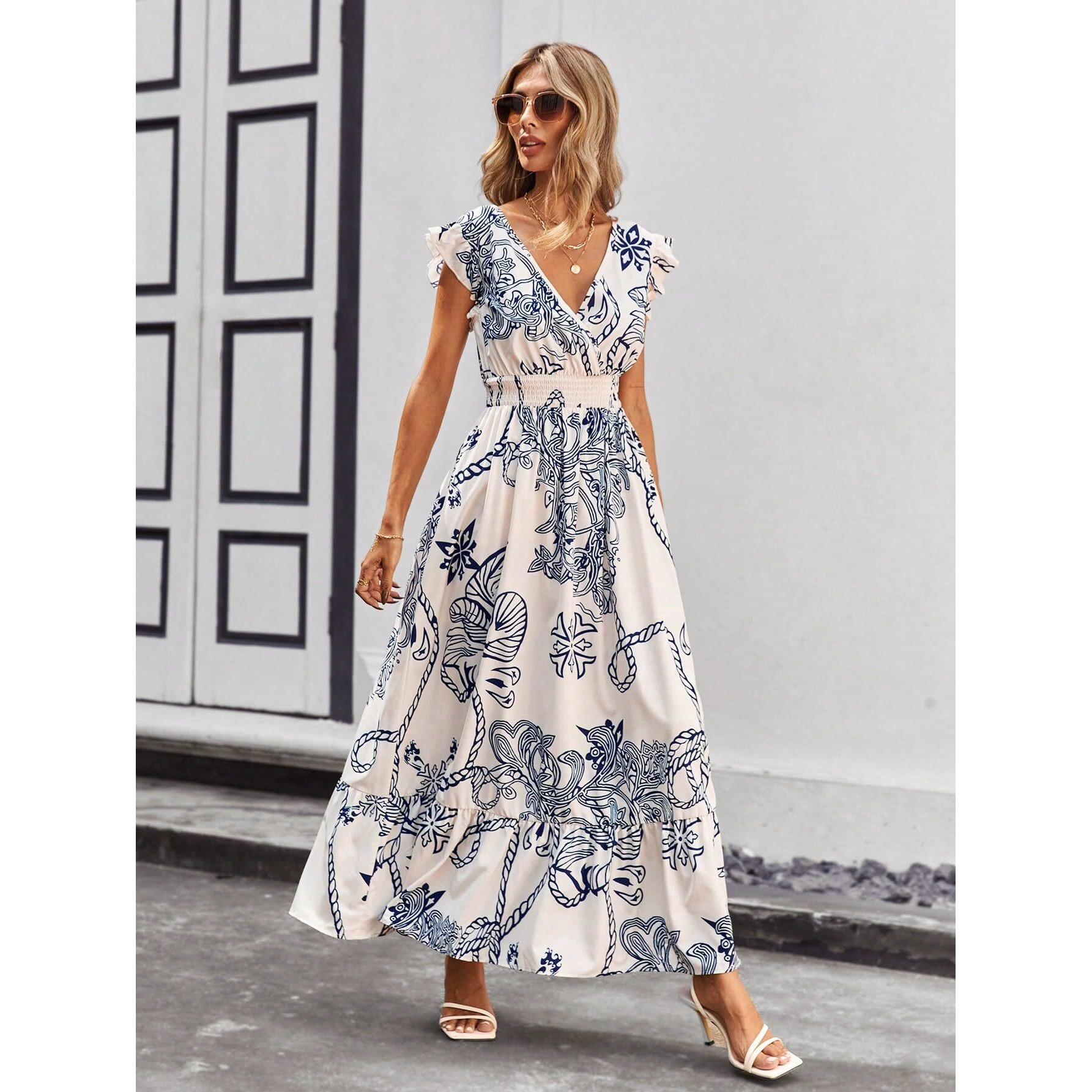 Shasmi Women's & Girl's White Blue V-Neck Printed Dress With Ruffled Hem And Belted Waist For Vacation, One Piece Maxi For Women's Casual Dresses (140 Dress White Blue-Xl)