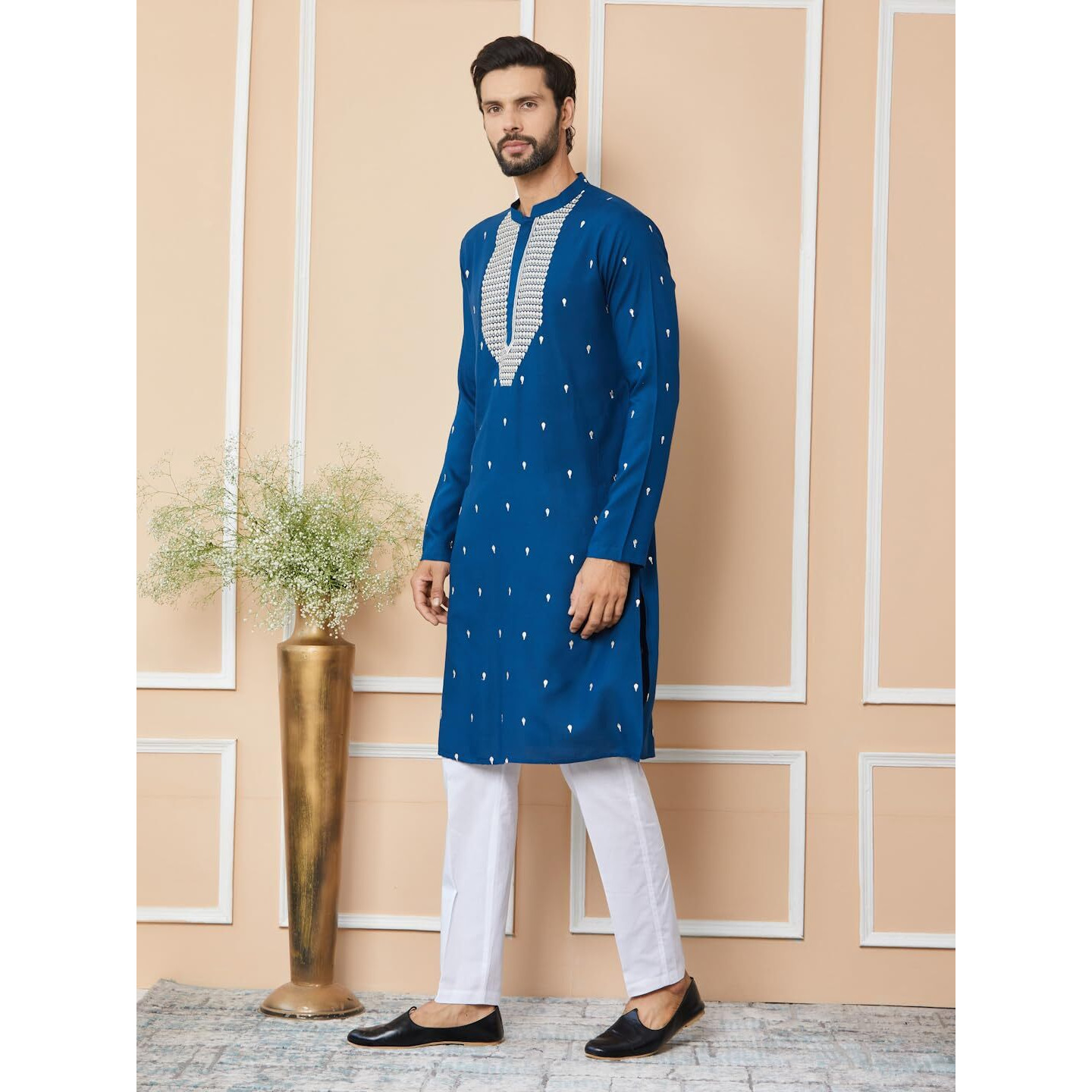 See Designs Men's Long Sleeve Mandarin Collar Side Slit Royal Blue Sequins Embroidered Rayon Straight Kurta With Yoke Design - Sdkt2554Xl