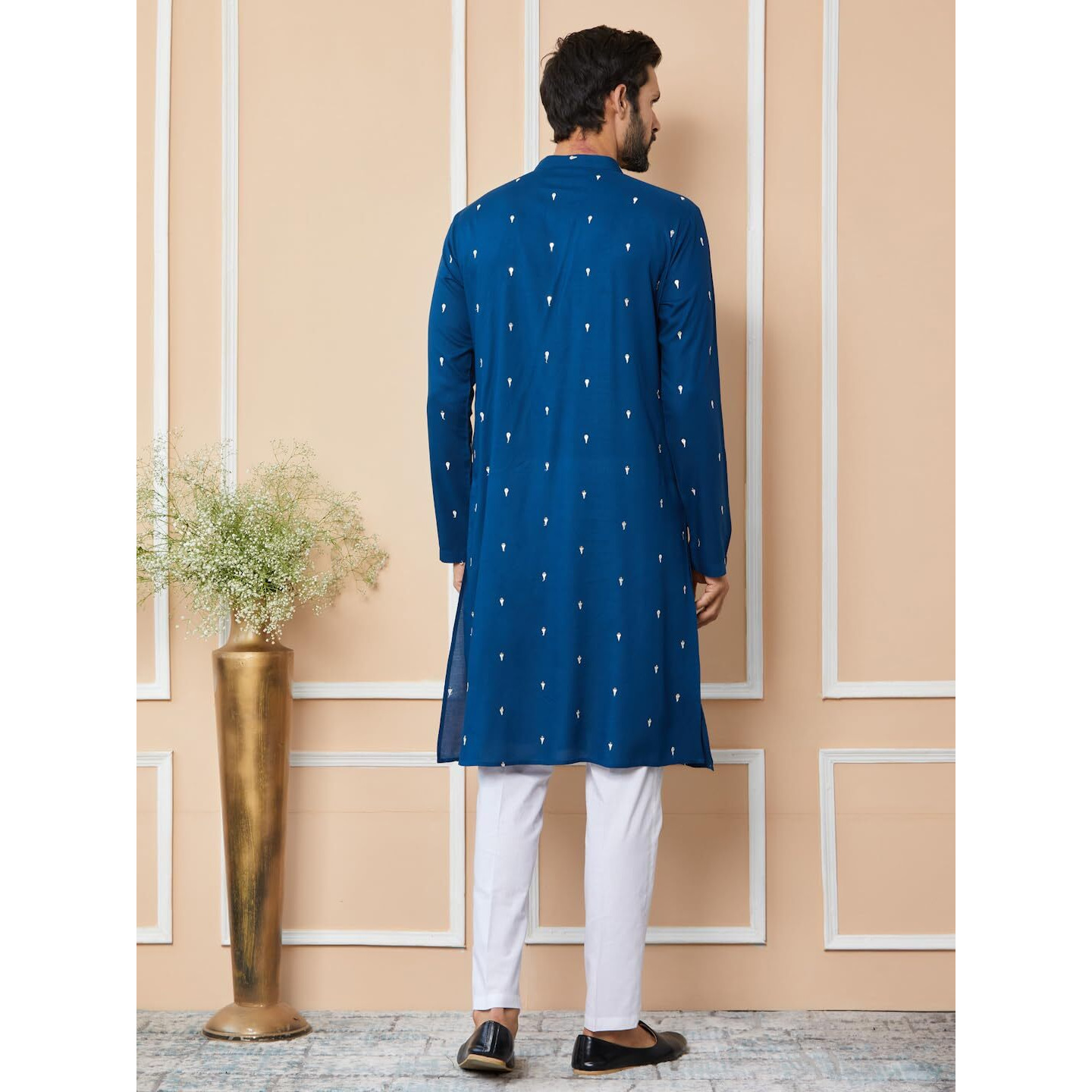 See Designs Men's Long Sleeve Mandarin Collar Side Slit Royal Blue Sequins Embroidered Rayon Straight Kurta With Yoke Design - Sdkt2554Xl