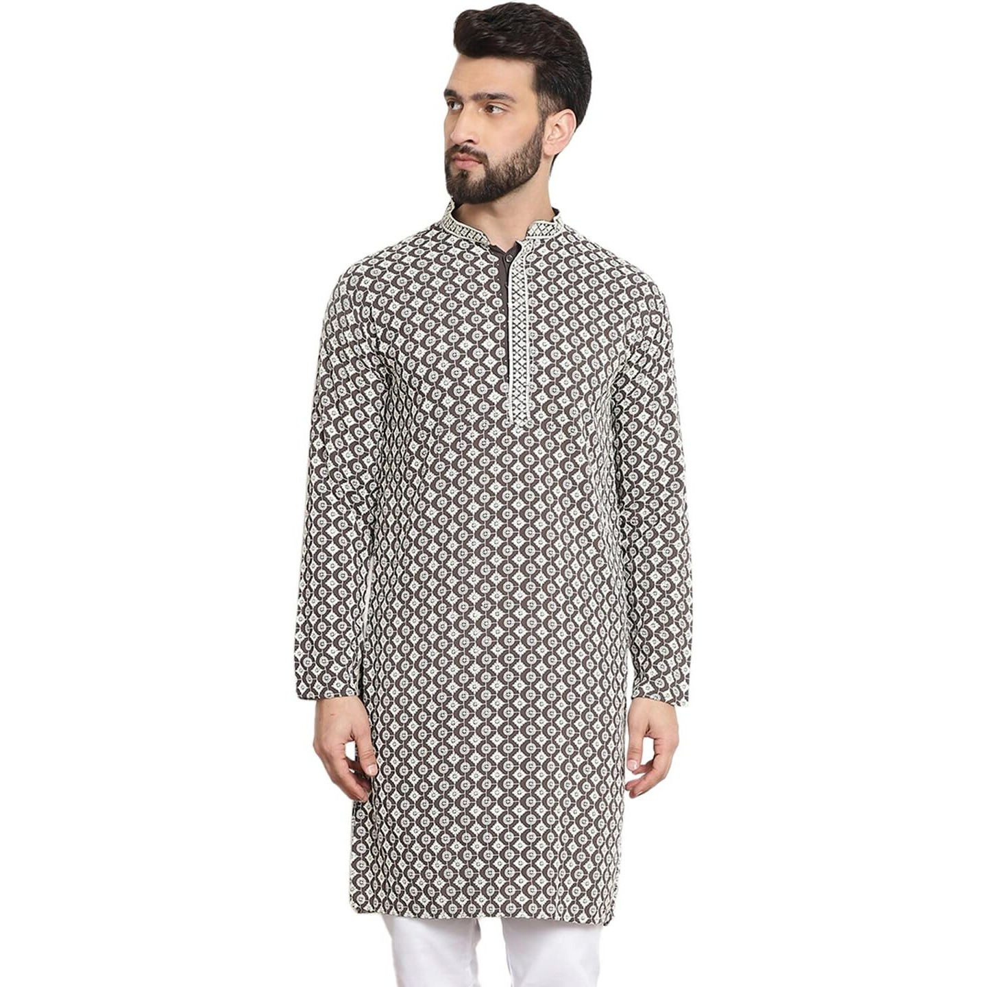 Sojanya (Since 1958 Men's Cotton Contrast Embroidered Sequinned White Long Kurta