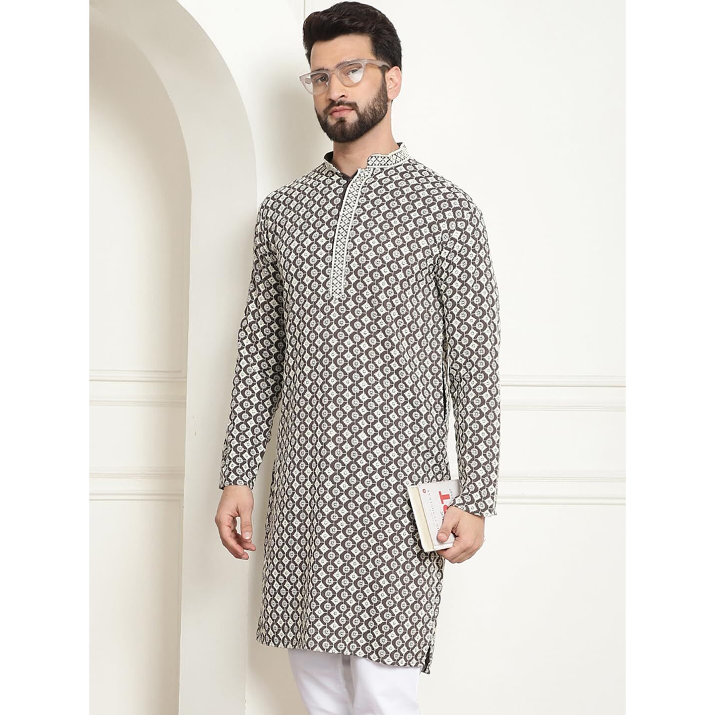 Sojanya (Since 1958 Men's Cotton Contrast Embroidered Sequinned White Long Kurta
