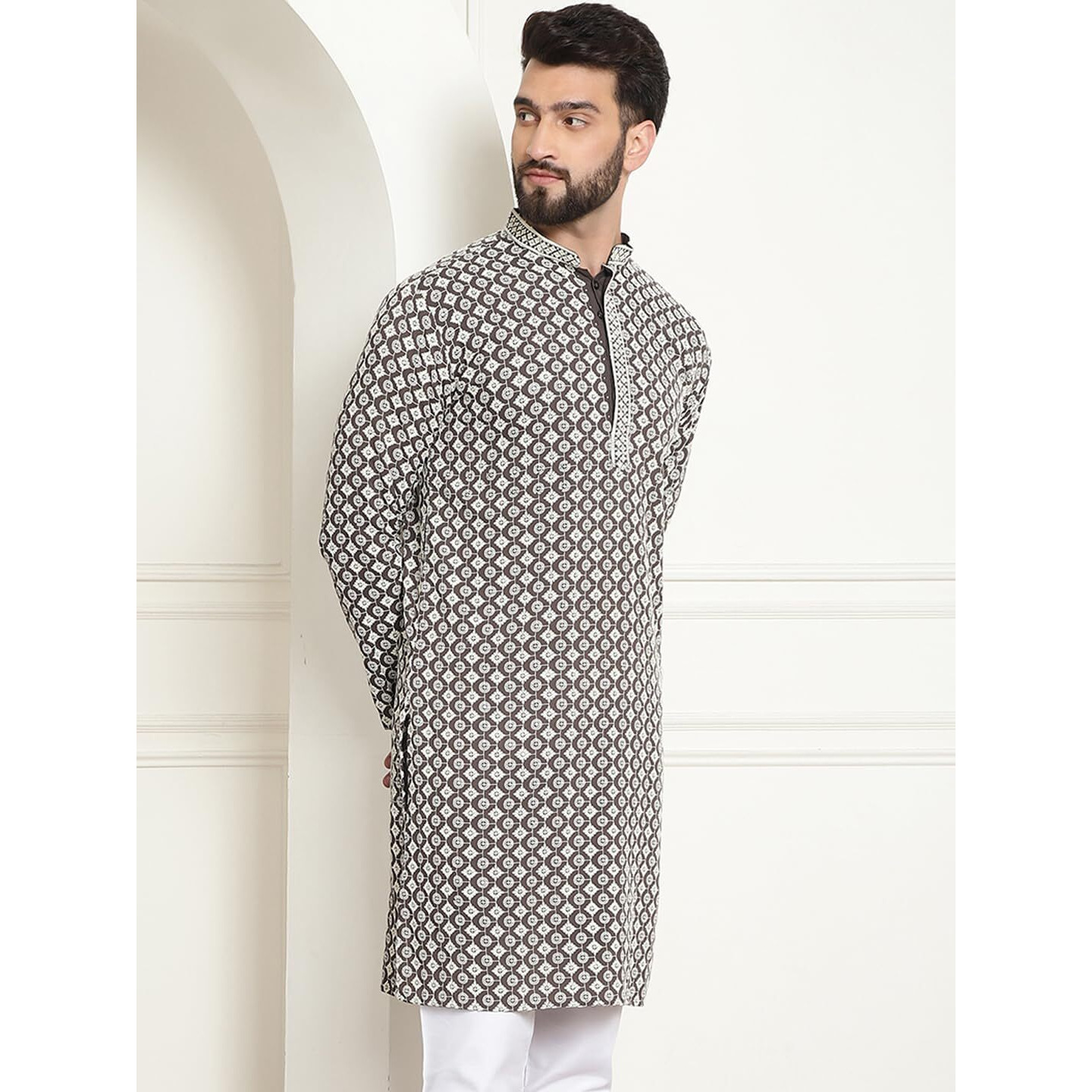 Sojanya (Since 1958 Men's Cotton Contrast Embroidered Sequinned White Long Kurta