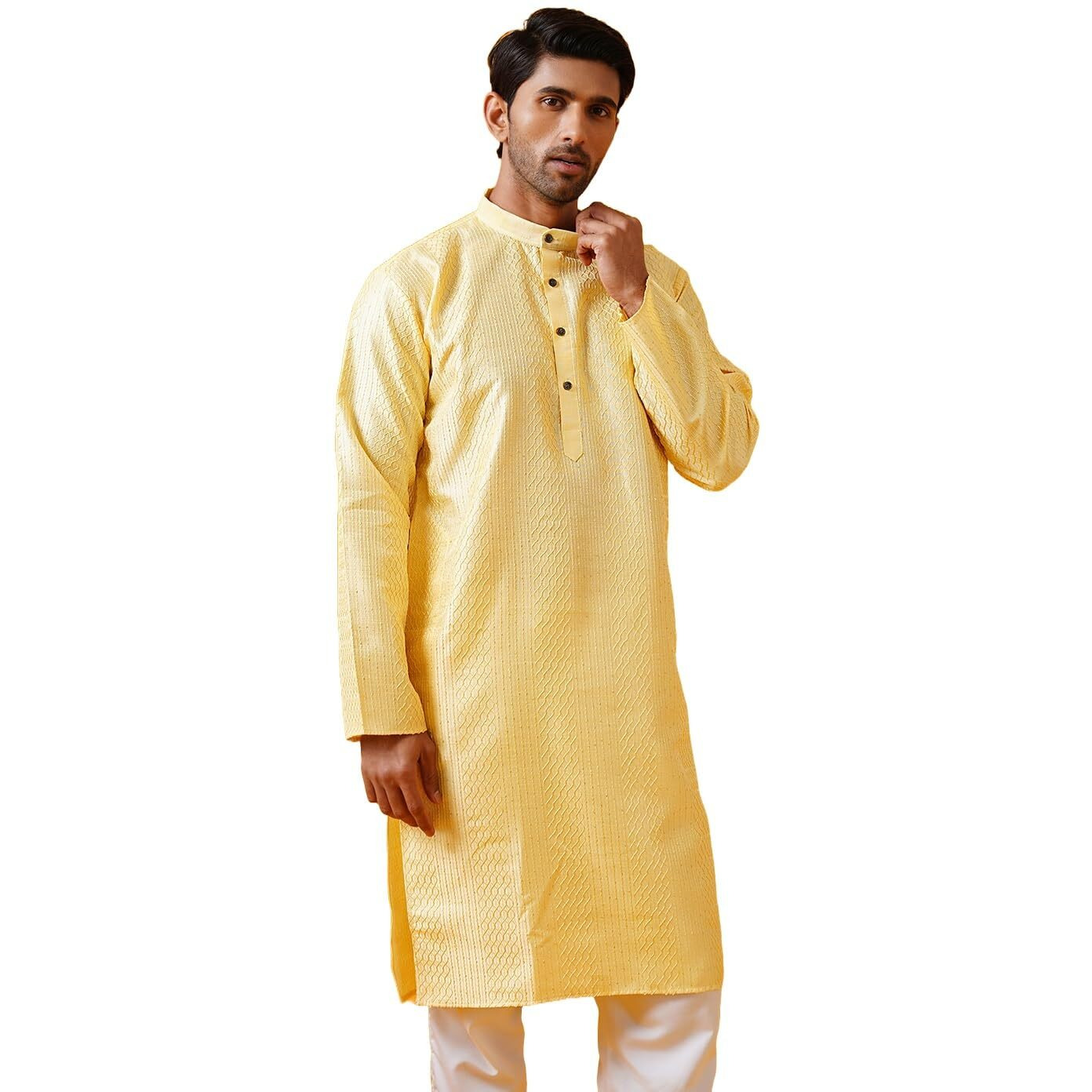 Sojanya (Since 1958 Men's Silk Bend Krochet Thread Embroidered Yellow Long Kurta