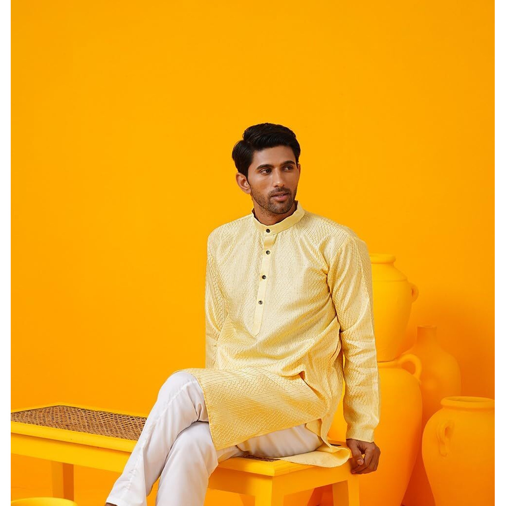 Sojanya (Since 1958 Men's Silk Bend Krochet Thread Embroidered Yellow Long Kurta