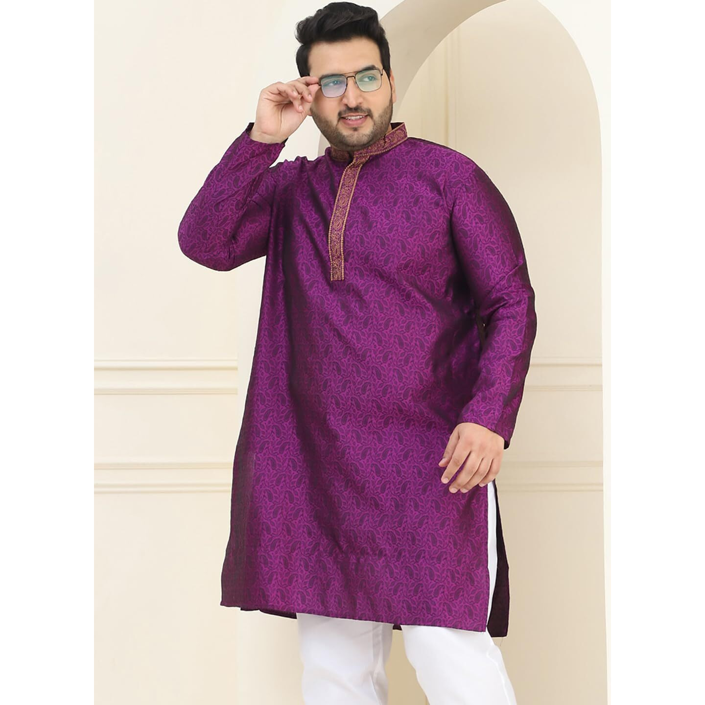Sojanya Plus (Since 1958) Men's Silk Blend Purple Self Design Only Long Kurta
