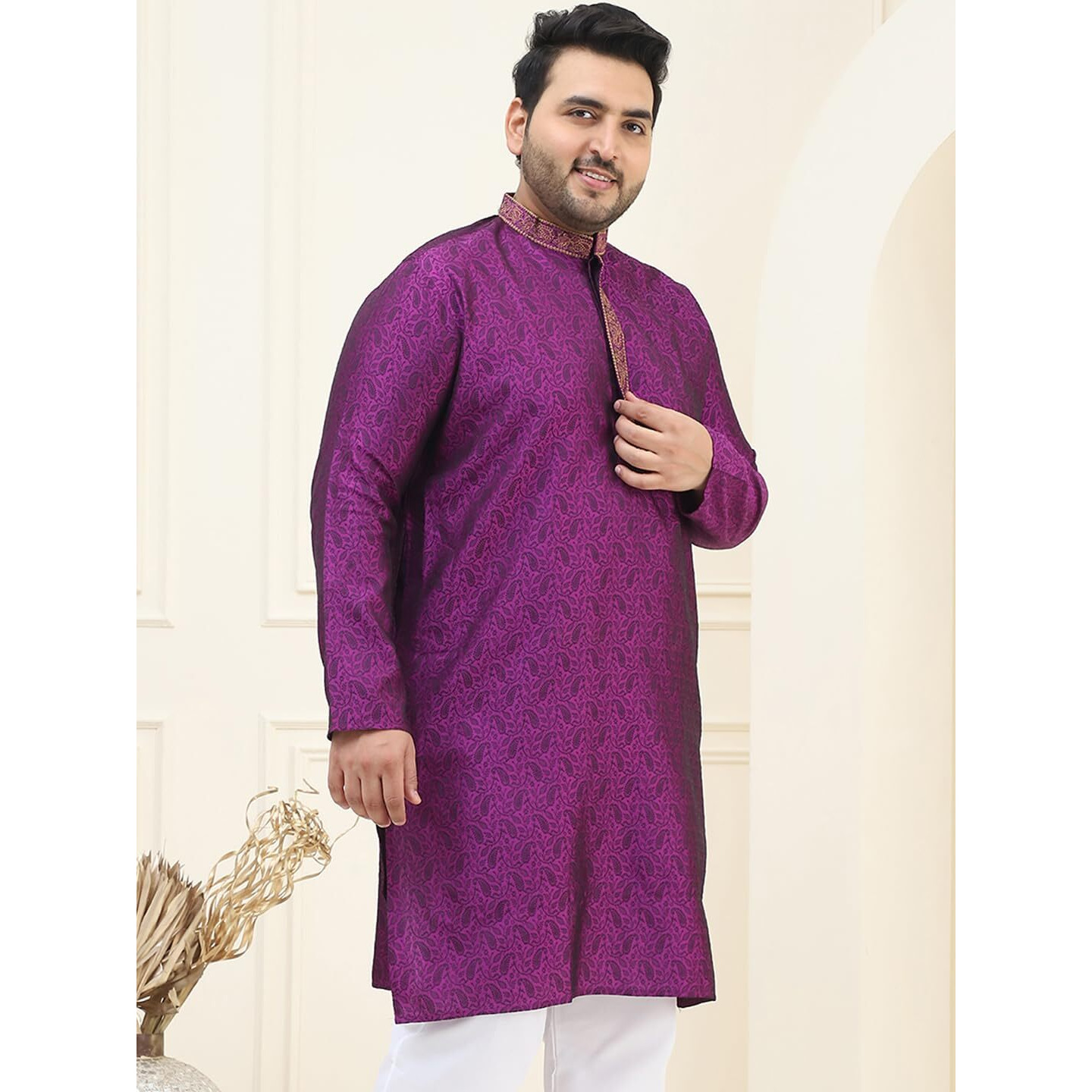 Sojanya Plus (Since 1958) Men's Silk Blend Purple Self Design Only Long Kurta