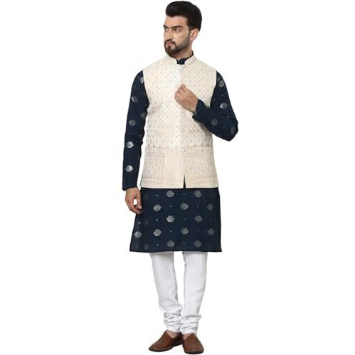 Sojanya (Since 1958 Men's Cotton Silk Sequinned Embroidered Navy Kurta And White Pyjama With Cream Nehru Jacket