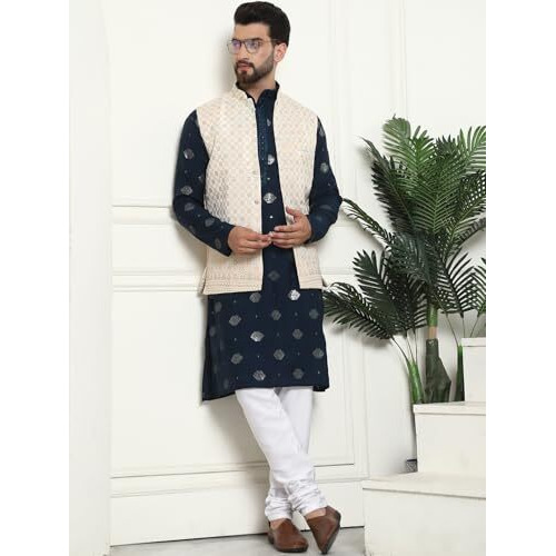 Sojanya (Since 1958 Men's Cotton Silk Sequinned Embroidered Navy Kurta And White Pyjama With Cream Nehru Jacket