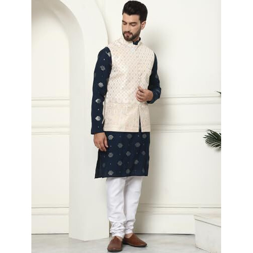 Sojanya (Since 1958 Men's Cotton Silk Sequinned Embroidered Navy Kurta And White Pyjama With Cream Nehru Jacket