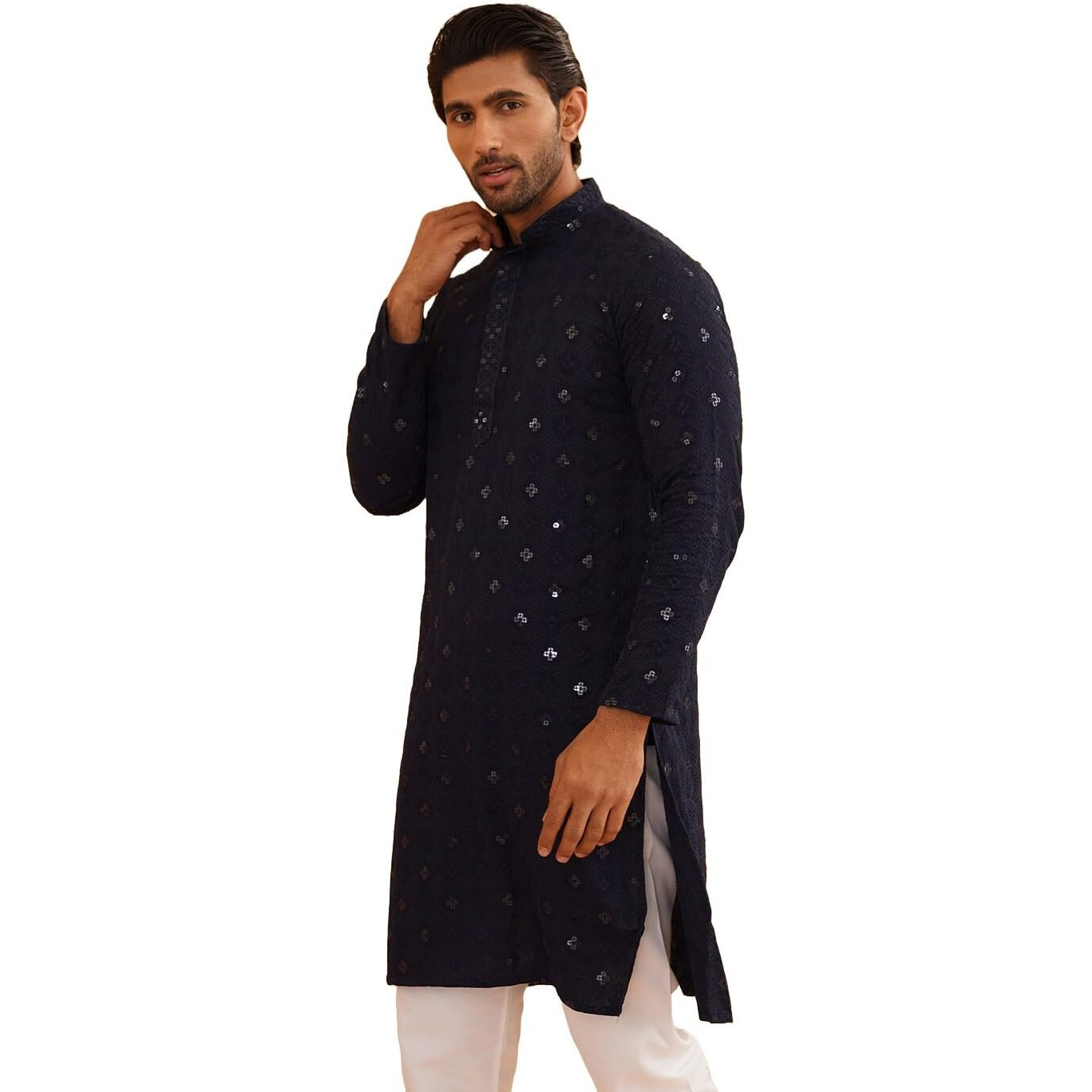 Sojanya (Since 1958 Men's Cotton Embroidered Sequinned Navy Blue Long Kurta Size 44