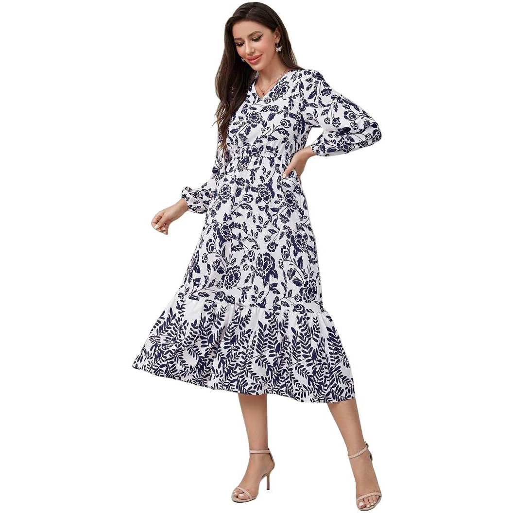 Tadkee Women's Cotton Blend Classic Below The Knee Casual Dress (Fn-Floral-Dress-135-Navy-Xl_Navy