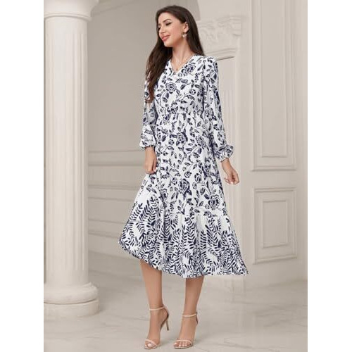 Tadkee Women's Cotton Blend Classic Below The Knee Casual Dress (Fn-Floral-Dress-135-Navy-Xl_Navy