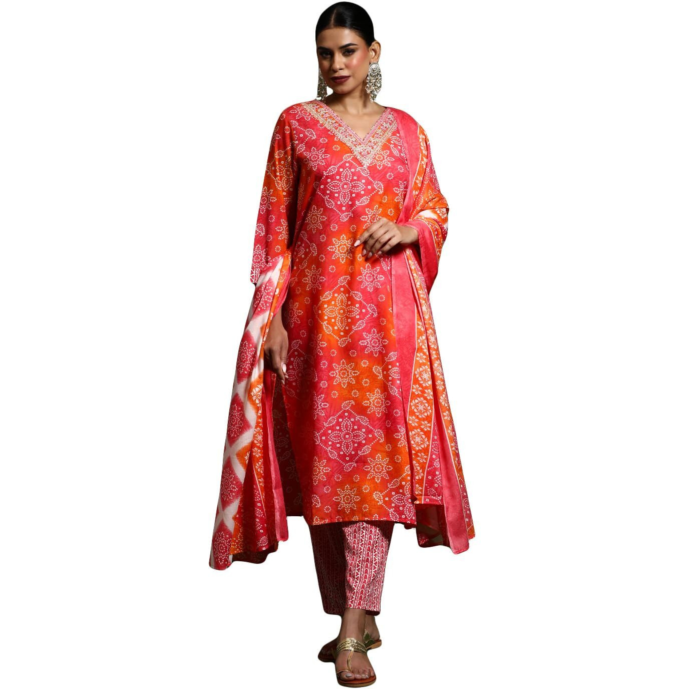 Varanga Women Bandhani Printed V Neck Kurta With Trouser & Dupatta Orange