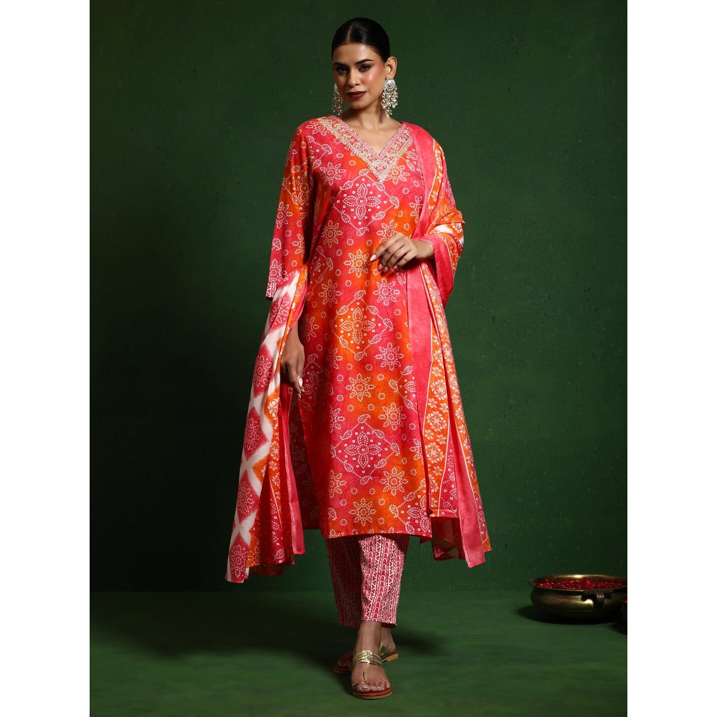 Varanga Women Bandhani Printed V Neck Kurta With Trouser & Dupatta Orange