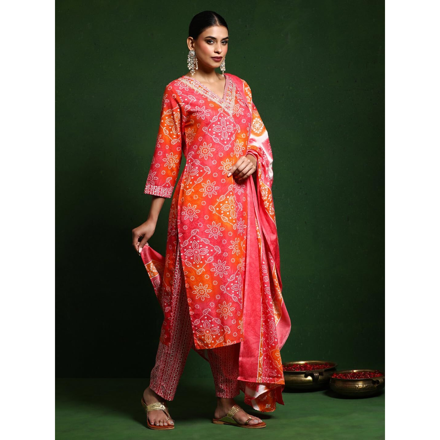 Varanga Women Bandhani Printed V Neck Kurta With Trouser & Dupatta Orange