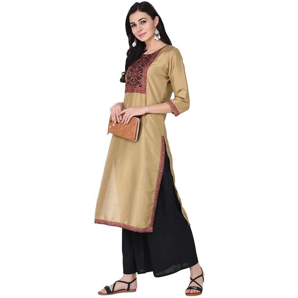 Ziyaa Women's Art Silk Straight Kurta (Zikups2411-S_Brown_Small)