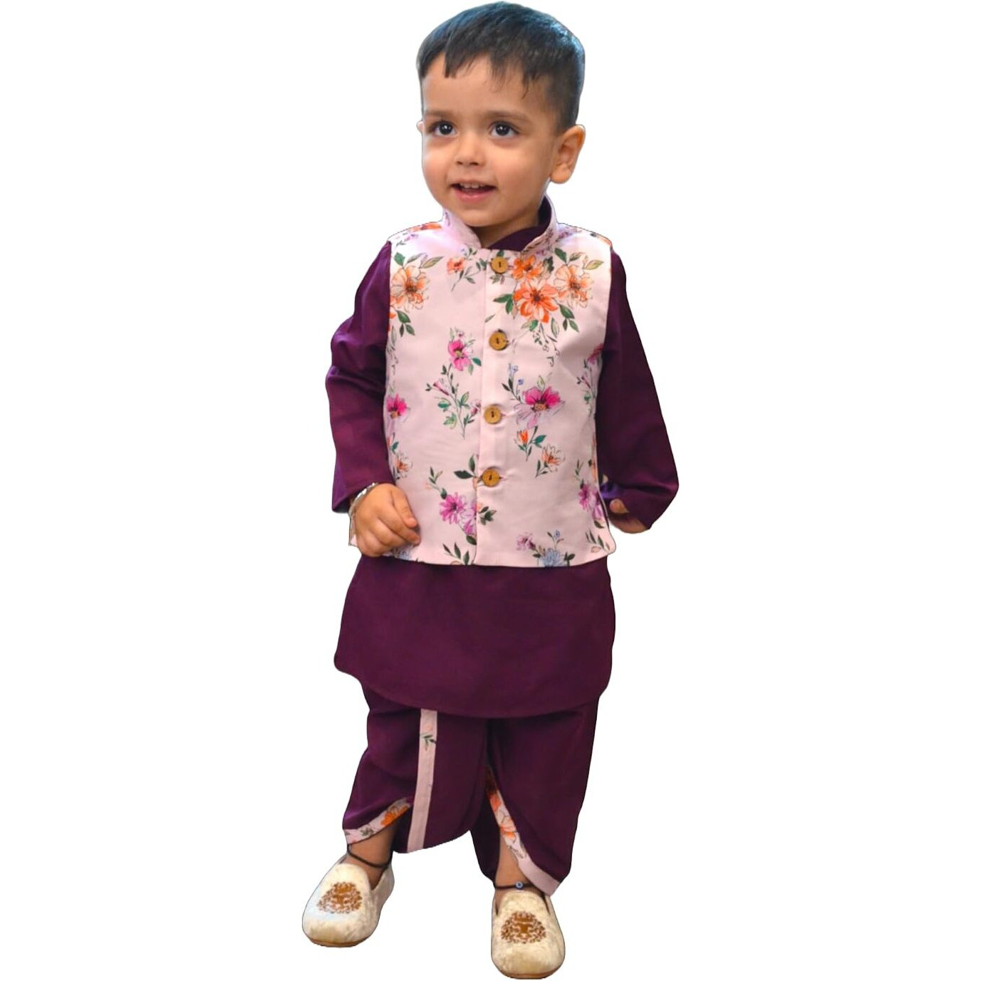 A.T.U.N. (All Things Uber Nice) Boys Wine Kurta Dhoti With Floral Printed Nehru Jacket (3 Piece Set)