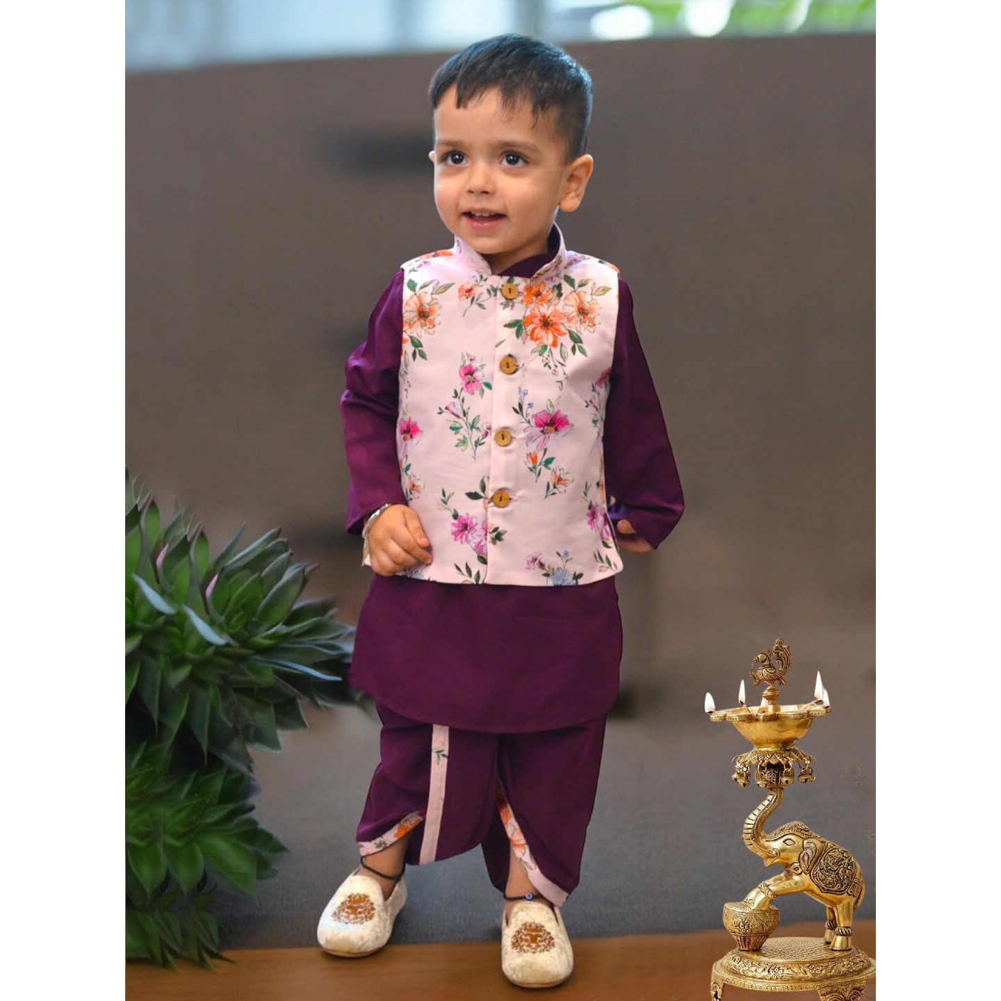 A.T.U.N. (All Things Uber Nice) Boys Wine Kurta Dhoti With Floral Printed Nehru Jacket (3 Piece Set)