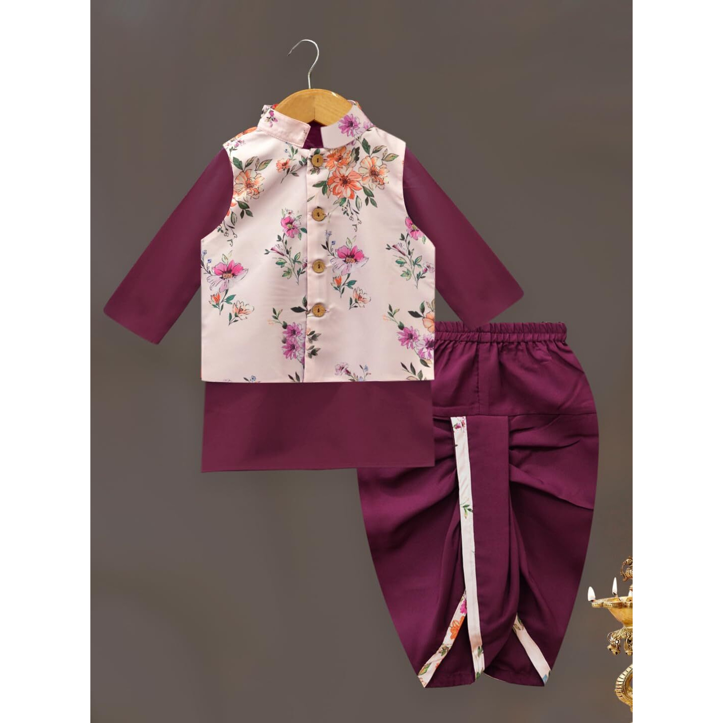 A.T.U.N. (All Things Uber Nice) Boys Wine Kurta Dhoti With Floral Printed Nehru Jacket (3 Piece Set)