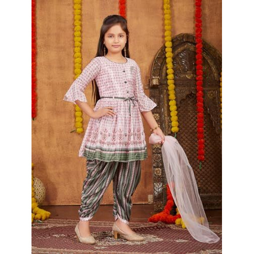 Aarika Girls Ethnic Wear Pink Colour Floral Print Silk Kurti Patiala Set With Belt (4-10 Years)