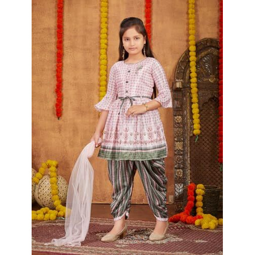 Aarika Girls Ethnic Wear Pink Colour Floral Print Silk Kurti Patiala Set With Belt (4-10 Years)
