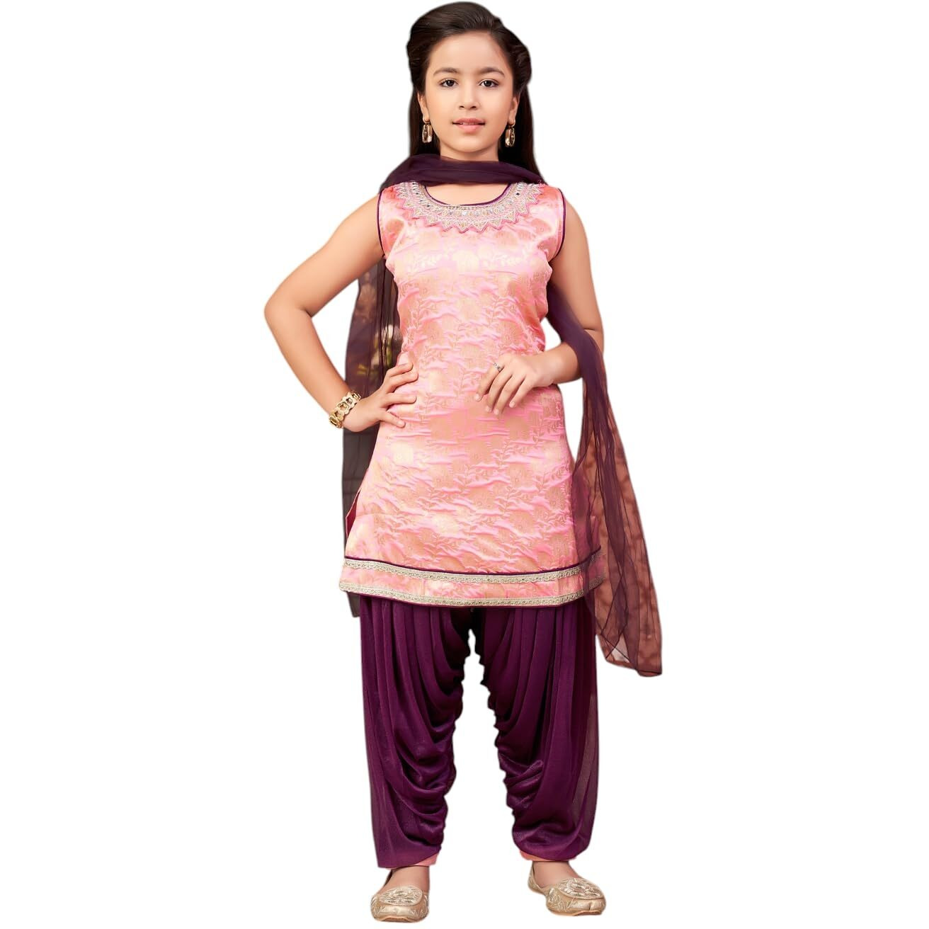 Aarika Girls Ethnic Wear Pink-Purple Colour Mirror Embroidery Brocade Kurti Patiala Set With Dupatta-5-13 Years (Pt-18138)