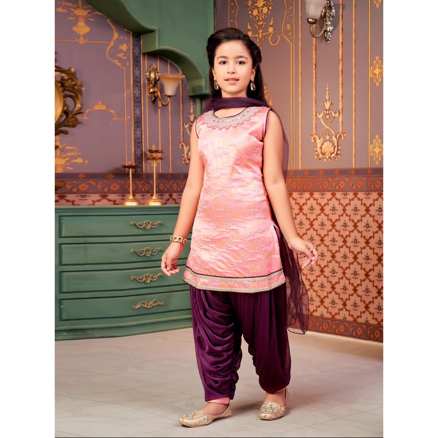Aarika Girls Ethnic Wear Pink-Purple Colour Mirror Embroidery Brocade Kurti Patiala Set With Dupatta-5-13 Years (Pt-18138)