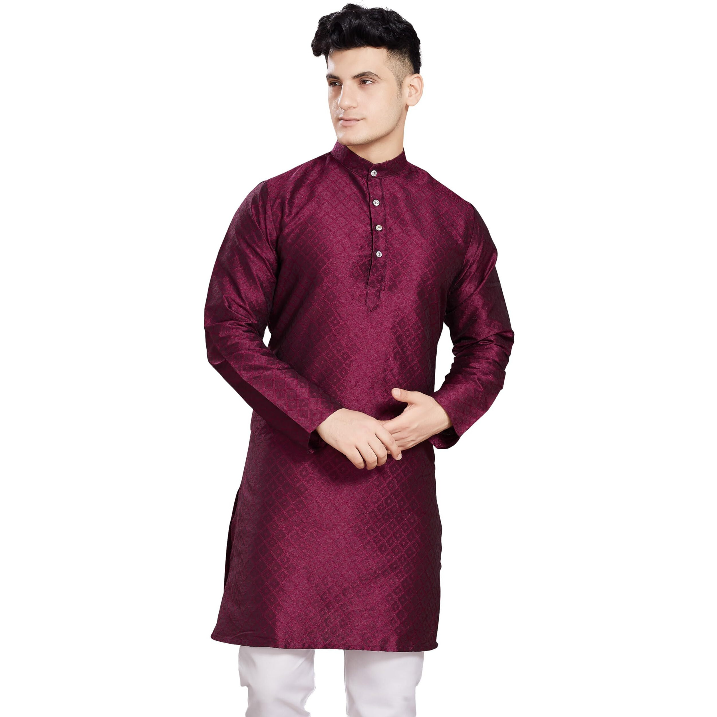 Divisive Men's Self Woven Jequard Art Silk Slim Fit Only Kurta (Dkrt410_S_Wine)