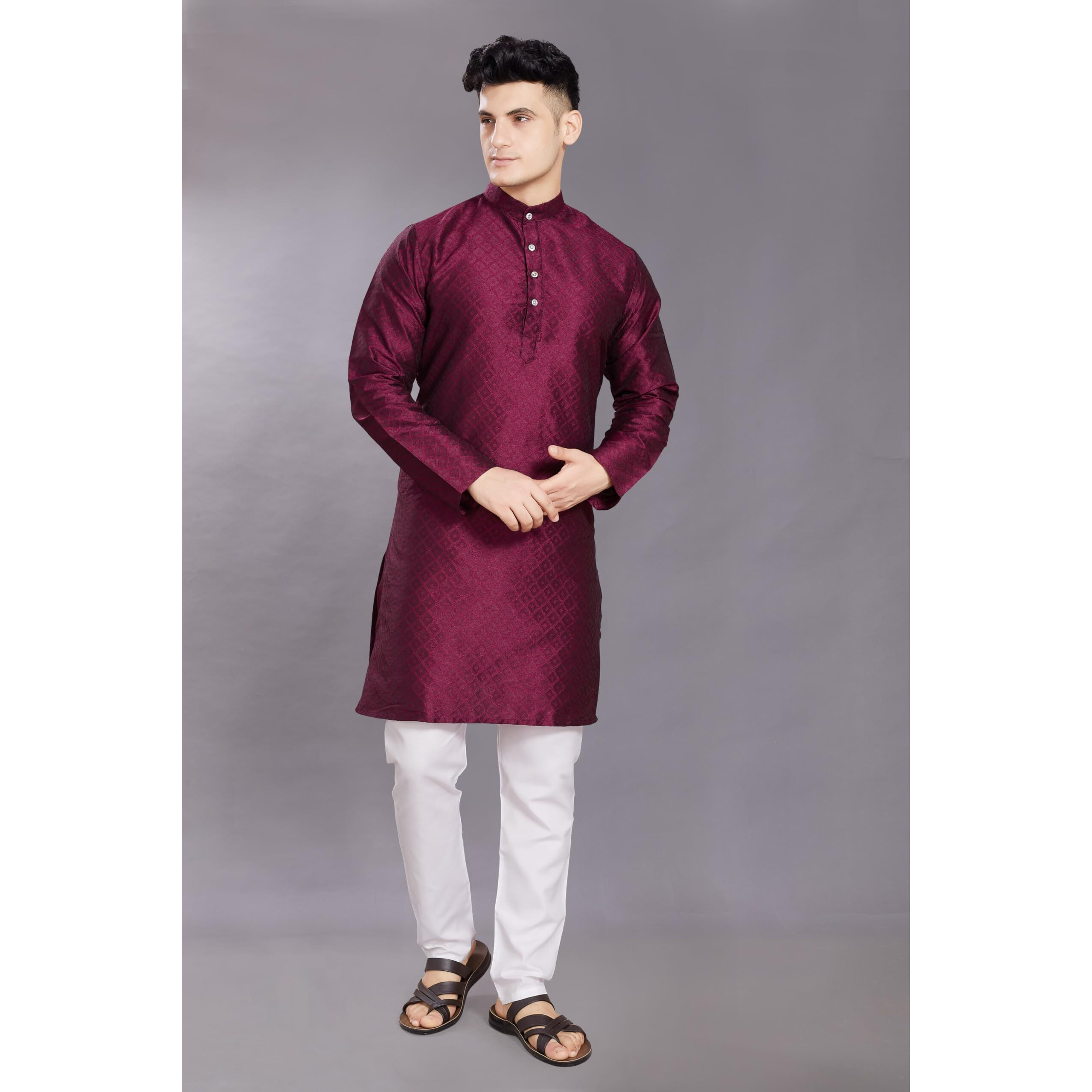 Divisive Men's Self Woven Jequard Art Silk Slim Fit Only Kurta (Dkrt410_S_Wine)